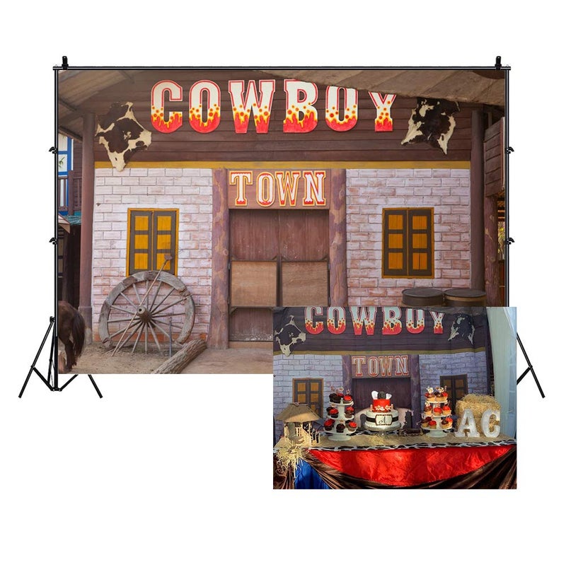 LFEEY 9x6ft Country Western Barn Backdrop for Parties Wild West Cowboy Farmhouse Tavern Wood Wheel Town Building Doorway Photography Background Theme Party Birthday Events Photo Studio Props - Image 1